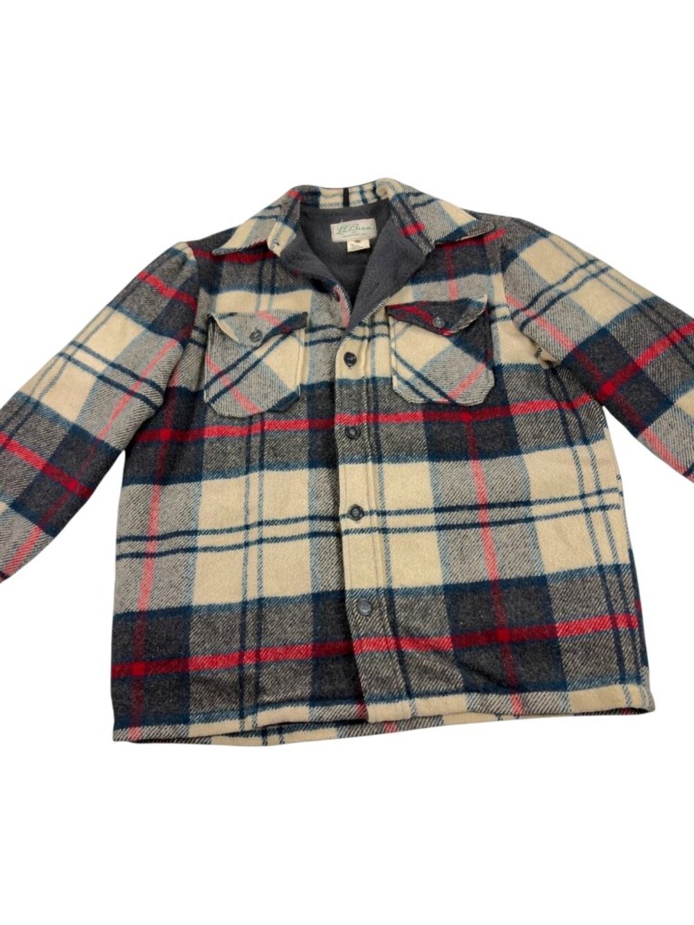 Vintage 60s 70s LL Bean Cursive Tag Wool Shirt Jacket Size L Fleece Lined Plaid